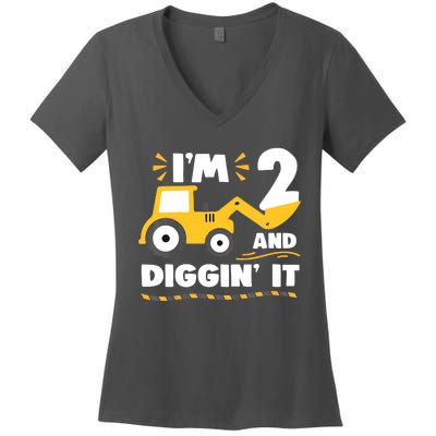 Construction Excavator 2 Years Old 2nd Birthday Women's V-Neck T-Shirt