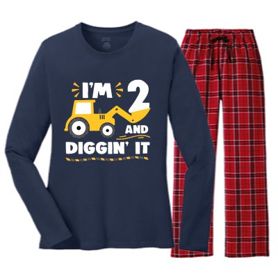 Construction Excavator 2 Years Old 2nd Birthday Women's Long Sleeve Flannel Pajama Set 