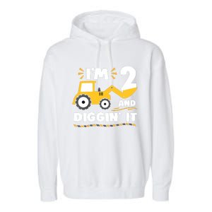 Construction Excavator 2 Years Old 2nd Birthday Garment-Dyed Fleece Hoodie