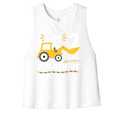 Construction Excavator 2 Years Old 2nd Birthday Women's Racerback Cropped Tank