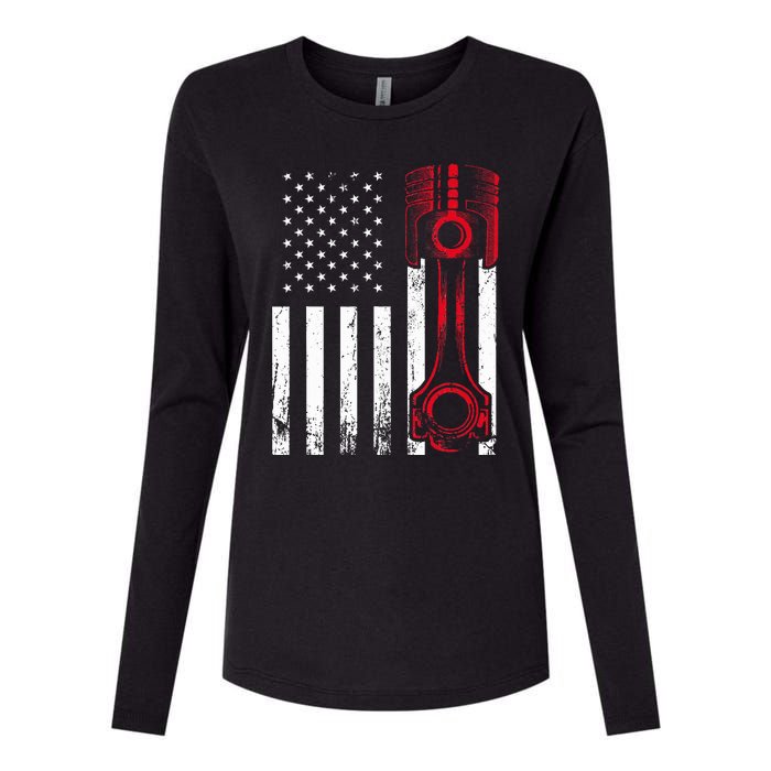 Car Enthusiast  American Flag Piston Muscle Car Gift Womens Cotton Relaxed Long Sleeve T-Shirt