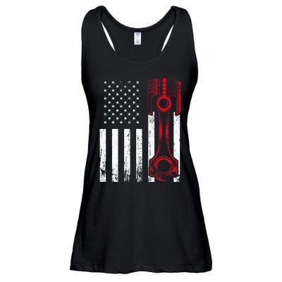 Car Enthusiast  American Flag Piston Muscle Car Gift Ladies Essential Flowy Tank