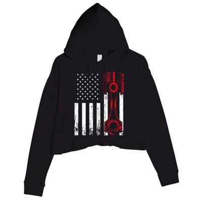 Car Enthusiast  American Flag Piston Muscle Car Gift Crop Fleece Hoodie