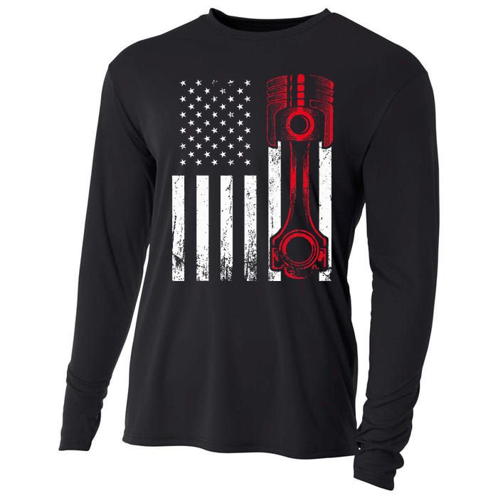 Car Enthusiast  American Flag Piston Muscle Car Gift Cooling Performance Long Sleeve Crew