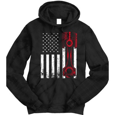 Car Enthusiast  American Flag Piston Muscle Car Gift Tie Dye Hoodie