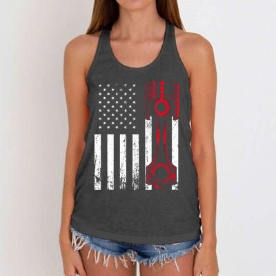 Car Enthusiast  American Flag Piston Muscle Car Gift Women's Knotted Racerback Tank