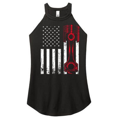 Car Enthusiast  American Flag Piston Muscle Car Gift Women’s Perfect Tri Rocker Tank