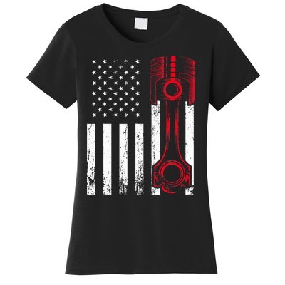 Car Enthusiast  American Flag Piston Muscle Car Gift Women's T-Shirt