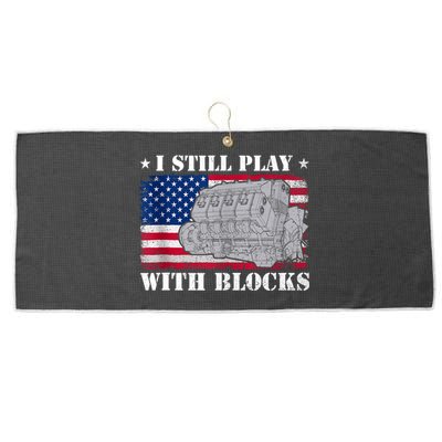 Car Engine Auto Mechanic I Still Play With Blocks USA Flag Large Microfiber Waffle Golf Towel