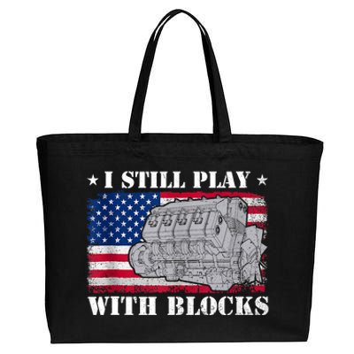 Car Engine Auto Mechanic I Still Play With Blocks USA Flag Cotton Canvas Jumbo Tote