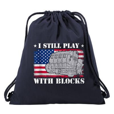 Car Engine Auto Mechanic I Still Play With Blocks USA Flag Drawstring Bag