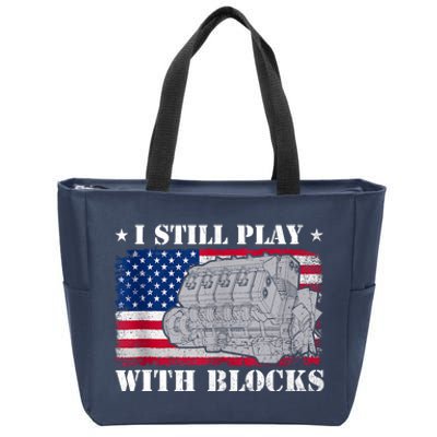 Car Engine Auto Mechanic I Still Play With Blocks USA Flag Zip Tote Bag