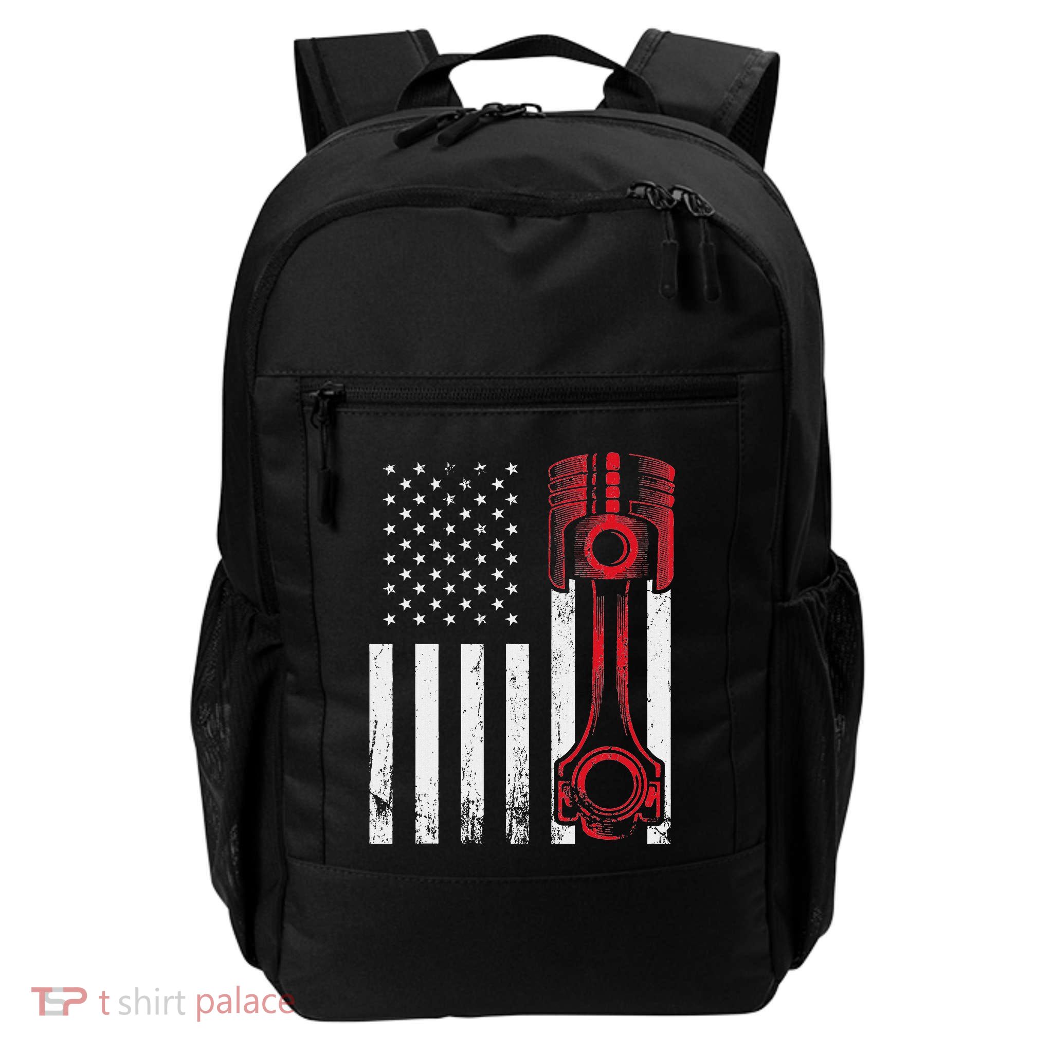 Car Enthusiast American Flag Piston Muscle Car Daily Commute Backpack