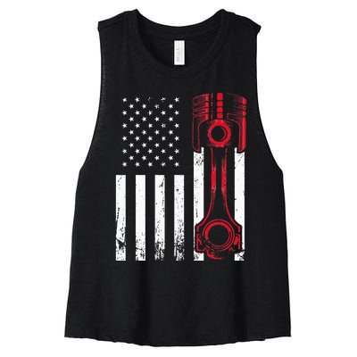 Car Enthusiast American Flag Piston Muscle Car Gift Women's Racerback Cropped Tank