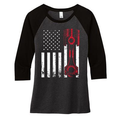 Car Enthusiast American Flag Piston Muscle Car Gift Women's Tri-Blend 3/4-Sleeve Raglan Shirt