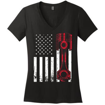 Car Enthusiast American Flag Piston Muscle Car Gift Women's V-Neck T-Shirt