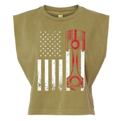 Car Enthusiast American Flag Piston Muscle Car Gift Garment-Dyed Women's Muscle Tee