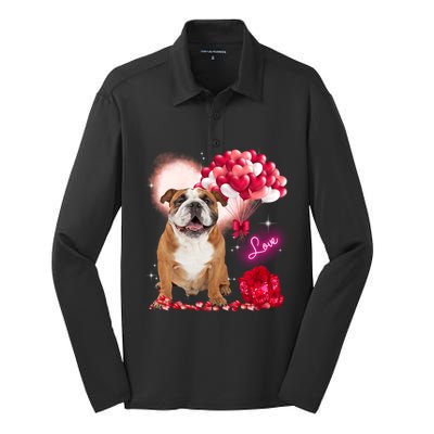 Cute English Bulldog Balloon Heart Valentine's Day Valentine Cool Gift Silk Touch Performance Long Sleeve Polo