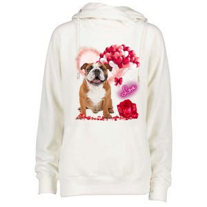 Cute English Bulldog Balloon Heart Valentine's Day Valentine Cool Gift Womens Funnel Neck Pullover Hood