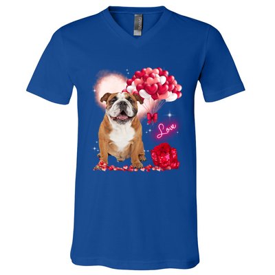 Cute English Bulldog Balloon Heart Valentine's Day Valentine Cool Gift V-Neck T-Shirt