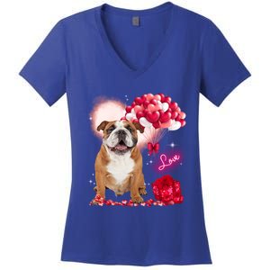 Cute English Bulldog Balloon Heart Valentine's Day Valentine Cool Gift Women's V-Neck T-Shirt