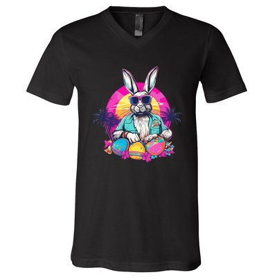 Cute Easter Bunny Retro Miami Look Colourful Eggs V-Neck T-Shirt