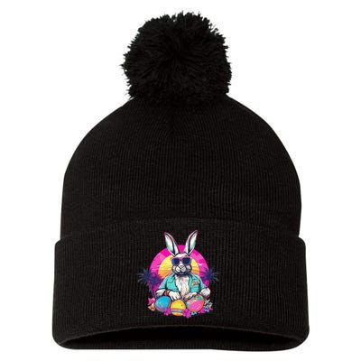 Cute Easter Bunny Retro Miami Look Colourful Eggs Pom Pom 12in Knit Beanie