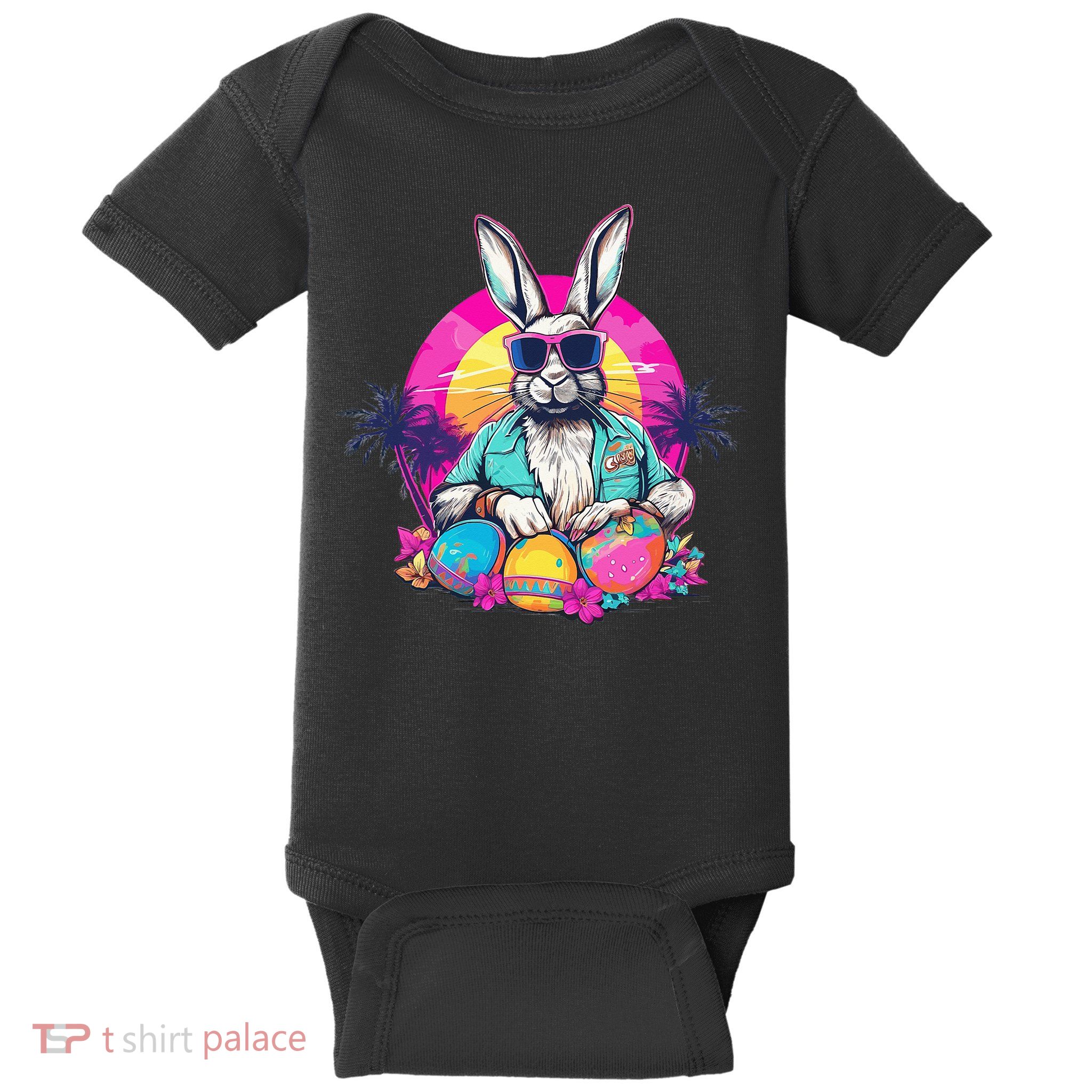 Cute Easter Bunny Retro Miami Look Colourful Eggs Baby Bodysuit