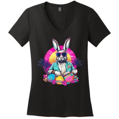 Cute Easter Bunny Retro Miami Look Colourful Eggs Women's V-Neck T-Shirt
