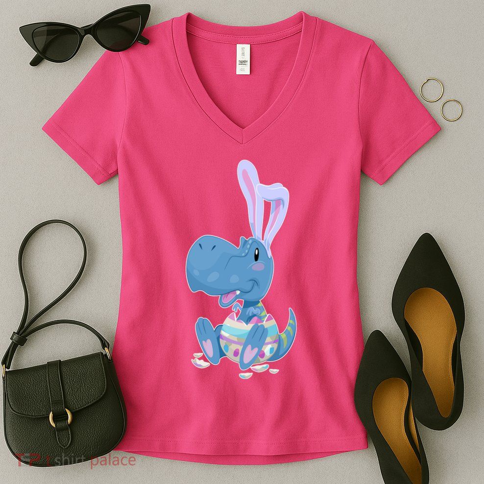 Cute Easter Baby Dinosaur Easter Egg Women's V-Neck T-Shirt