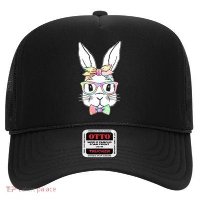 Cute Easter Bunny Pastel Tie Dye Bow Tie Glasses High Crown Mesh Back Trucker Hat