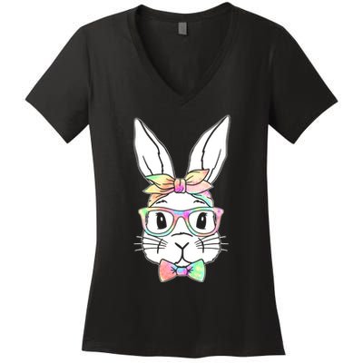 Cute Easter Bunny Pastel Tie Dye Bow Tie Glasses Women's V-Neck T-Shirt