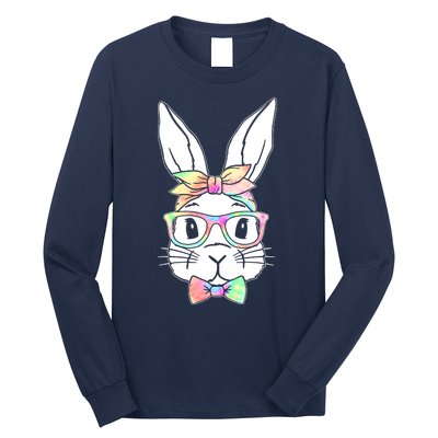 Cute Easter Bunny Pastel Tie Dye Bow Tie Glasses Long Sleeve Shirt