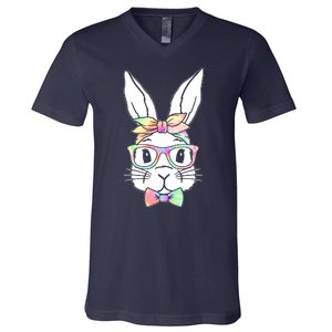 Cute Easter Bunny Pastel Tie Dye Bow Tie Glasses V-Neck T-Shirt