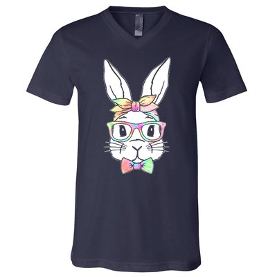 Cute Easter Bunny Pastel Tie Dye Bow Tie Glasses V-Neck T-Shirt