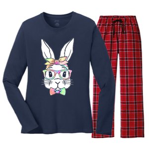 Cute Easter Bunny Pastel Tie Dye Bow Tie Glasses Women's Long Sleeve Flannel Pajama Set 