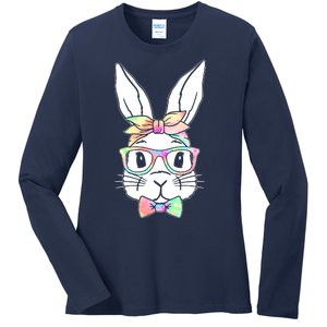 Cute Easter Bunny Pastel Tie Dye Bow Tie Glasses Ladies Long Sleeve Shirt