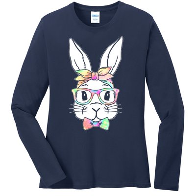 Cute Easter Bunny Pastel Tie Dye Bow Tie Glasses Ladies Long Sleeve Shirt