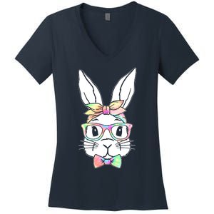 Cute Easter Bunny Pastel Tie Dye Bow Tie Glasses Women's V-Neck T-Shirt