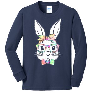 Cute Easter Bunny Pastel Tie Dye Bow Tie Glasses Kids Long Sleeve Shirt