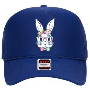 Cute Easter Bunny Pastel Tie Dye Bow Tie Glasses High Crown Mesh Back Trucker Hat