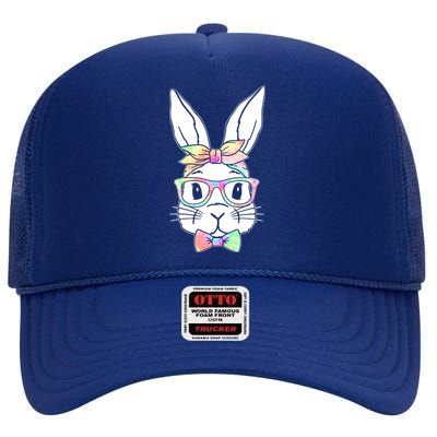 Cute Easter Bunny Pastel Tie Dye Bow Tie Glasses High Crown Mesh Back Trucker Hat