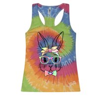 Cute Easter Bunny Pastel Tie Dye Bow Tie Glasses Women's Racerback Tank