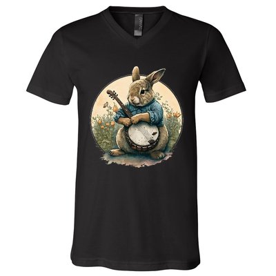 Cute Easter Bunny Rabbit Playing Banjo for Music Lovers V-Neck T-Shirt