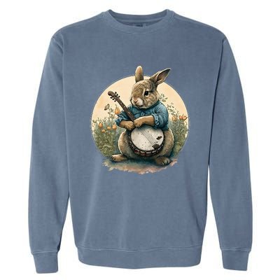 Cute Easter Bunny Rabbit Playing Banjo for Music Lovers Garment-Dyed Sweatshirt