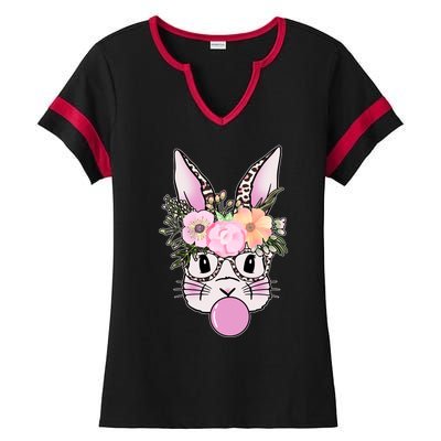 Cute Easter Bunny With Flower Crown And Bubblegum Ladies Halftime Notch Neck Tee