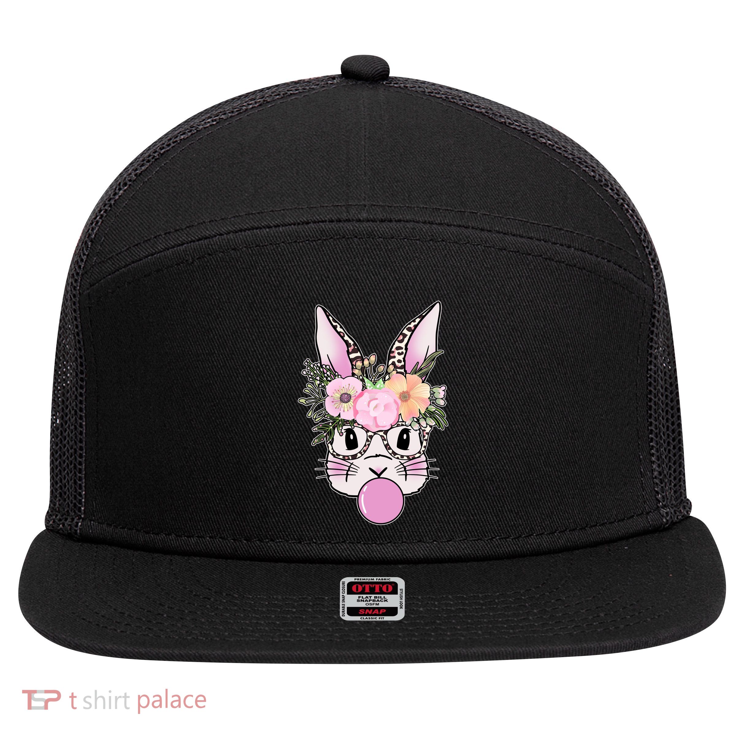 Cute Easter Bunny With Flower Crown And Bubblegum 7 Panel Mesh Trucker Snapback Hat