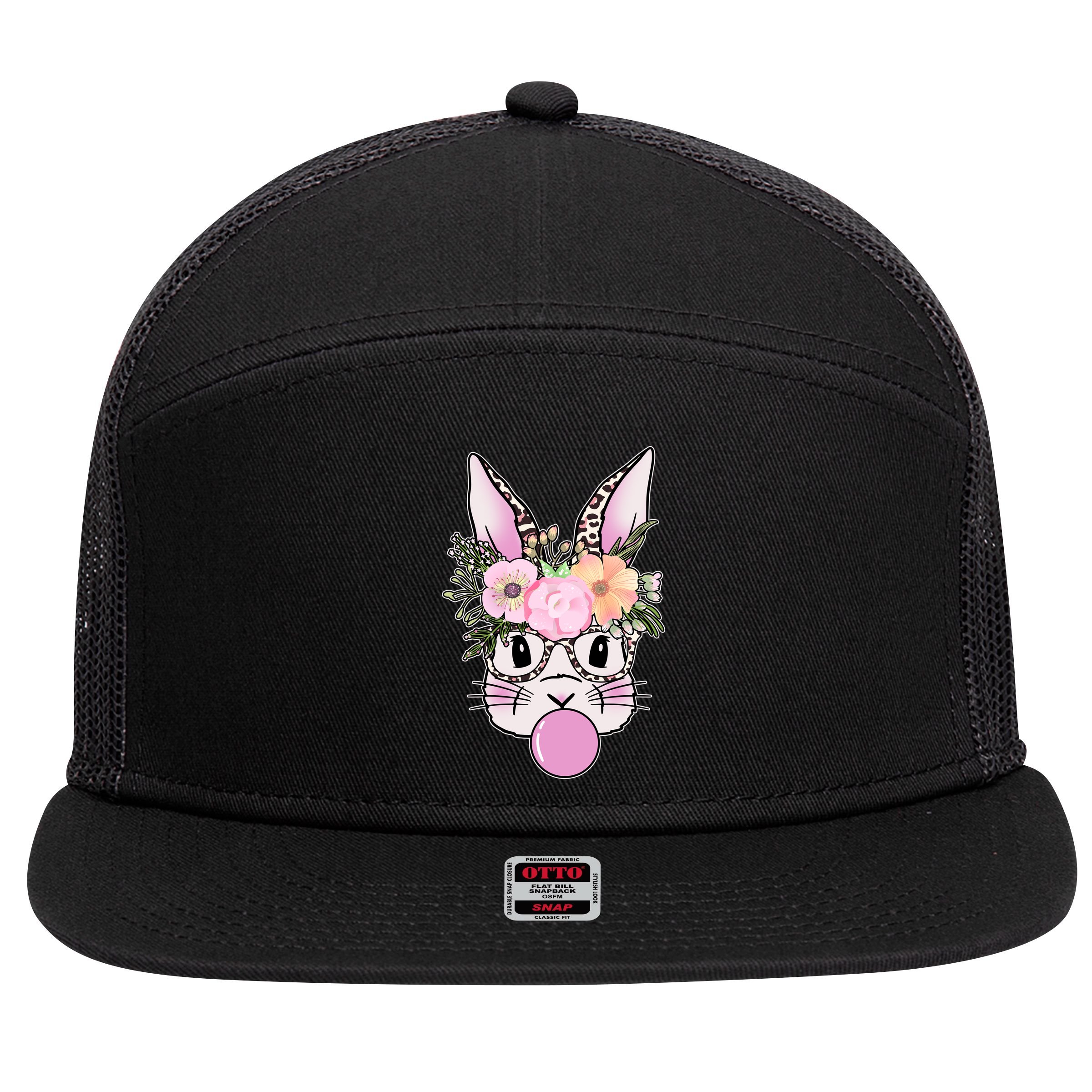 Cute Easter Bunny With Flower Crown And Bubblegum 7 Panel Mesh Trucker Snapback Hat