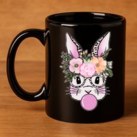 Cute Easter Bunny With Flower Crown And Bubblegum 11oz C Handle Ceramic Mug