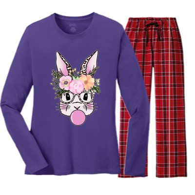 Cute Easter Bunny With Flower Crown And Bubblegum Women's Long Sleeve Flannel Pajama Set 